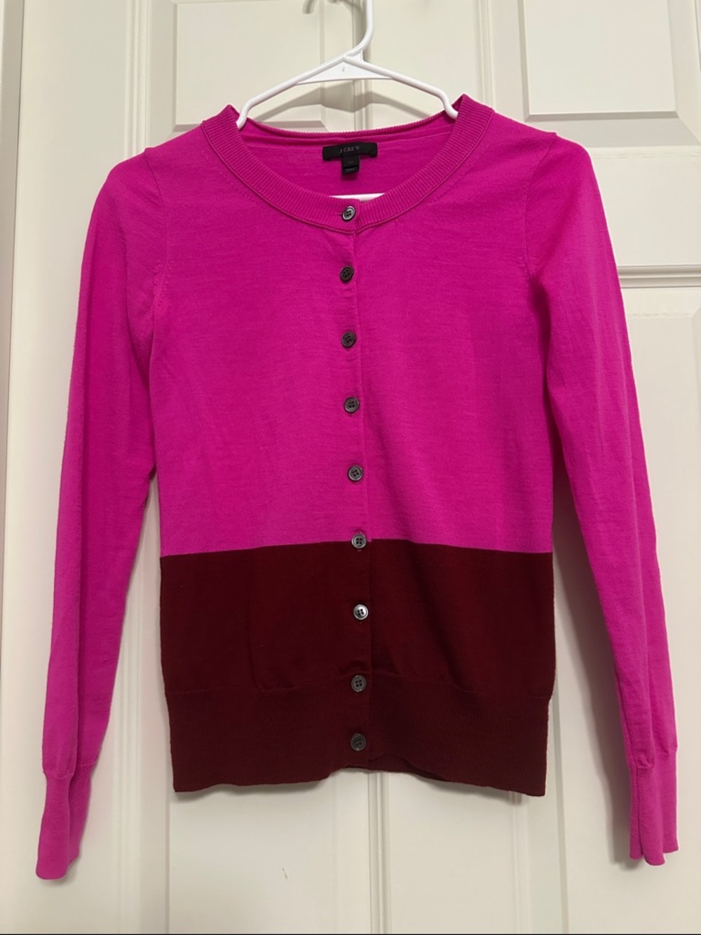 J. Crew Wool Two-Tone Fuchsia and Burgundy Button Cardigan